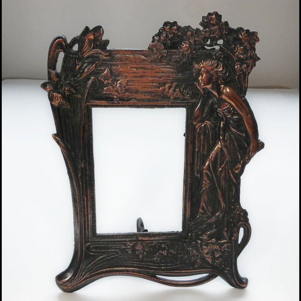 Metal Art Nouveau Deco Style Standing Picture Frame Woman Flowers Copper Plated